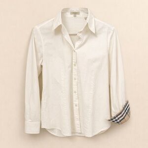 Burberry London White Cotton Button-Up Shirt with Signature Print Cuffs, Size M